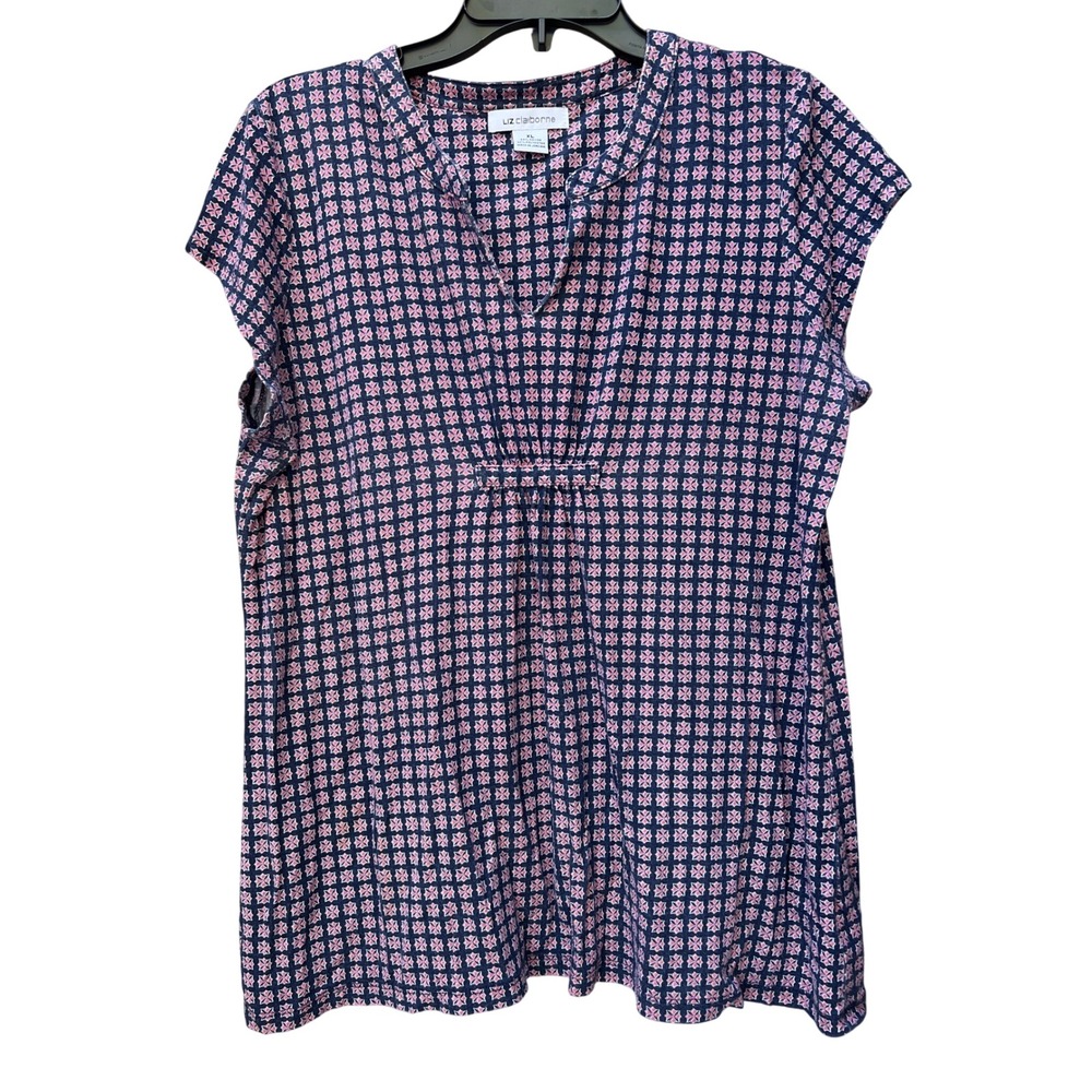 Liz Claiborne Womens‎ XL Pink Navy Geometric Medallion Split Neck Cap Sleeve Top